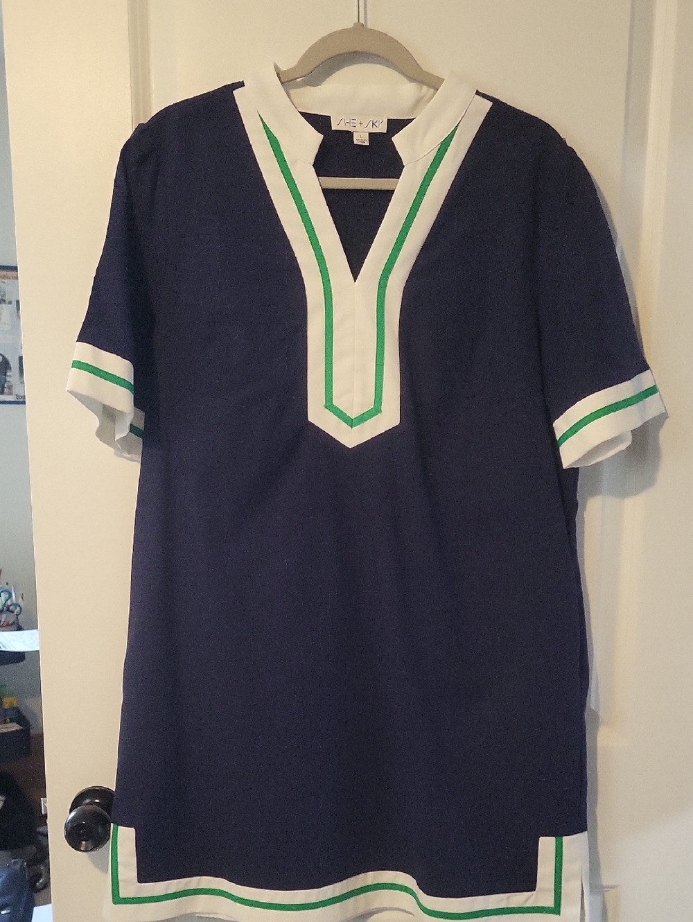 She + Sky Navy Mini Dress with White & Green Trim